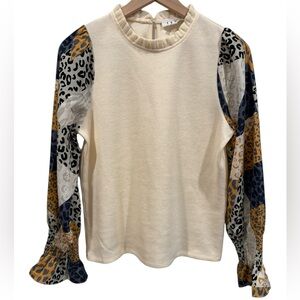 THML Animal Print Cream Colorblock‎ Long Sleeve Ruffle Blouse- Medium